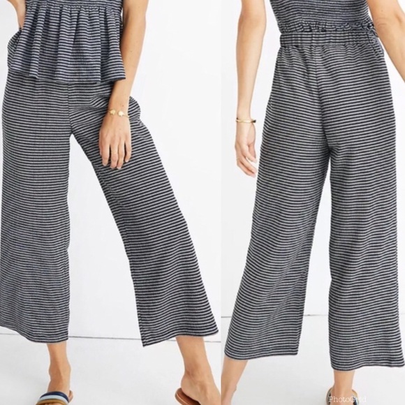 Madewell Texture & Thread High Rise Pull-On Pants Stripe Elastic Wide Leg Blue M - Picture 1 of 12